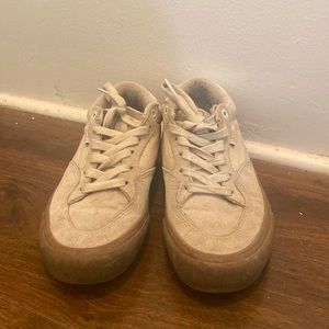 White suede vans with gum sole